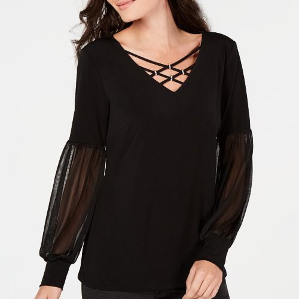 JM Collection Black Embellished Chiffon-Sleeve Top